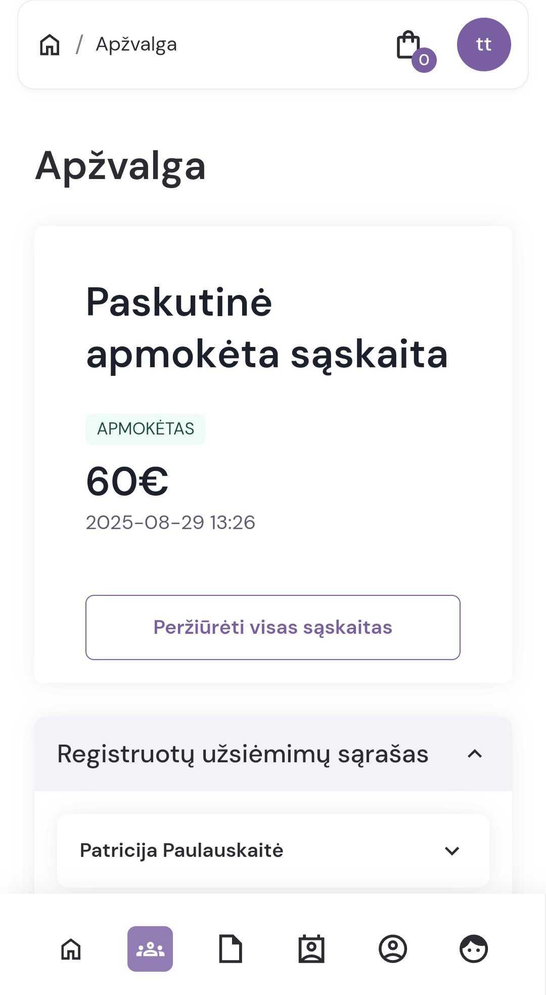 EXOCLASS mokinių sąskaitų apžvalga: paskutinė apmokėta sąskaita, registruotų užsiėmimų sąrašas ir sklandus mokėjimų sekimas švietimo organizacijoms.
