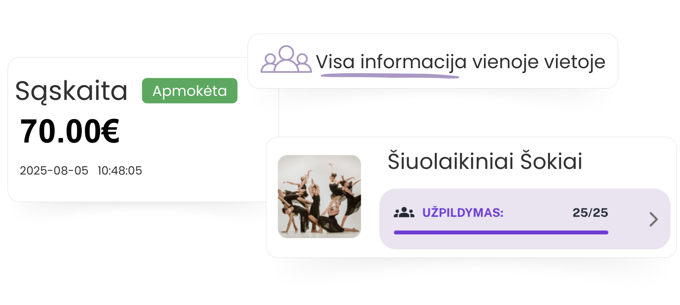 EXOCLASS neformaliojo ugdymo administracinė sistema, padedanti stebėti svarbiausią organizacijos informaciją — nuo klientų registracijų iki mokėjimų ir grupių užpildymo. 