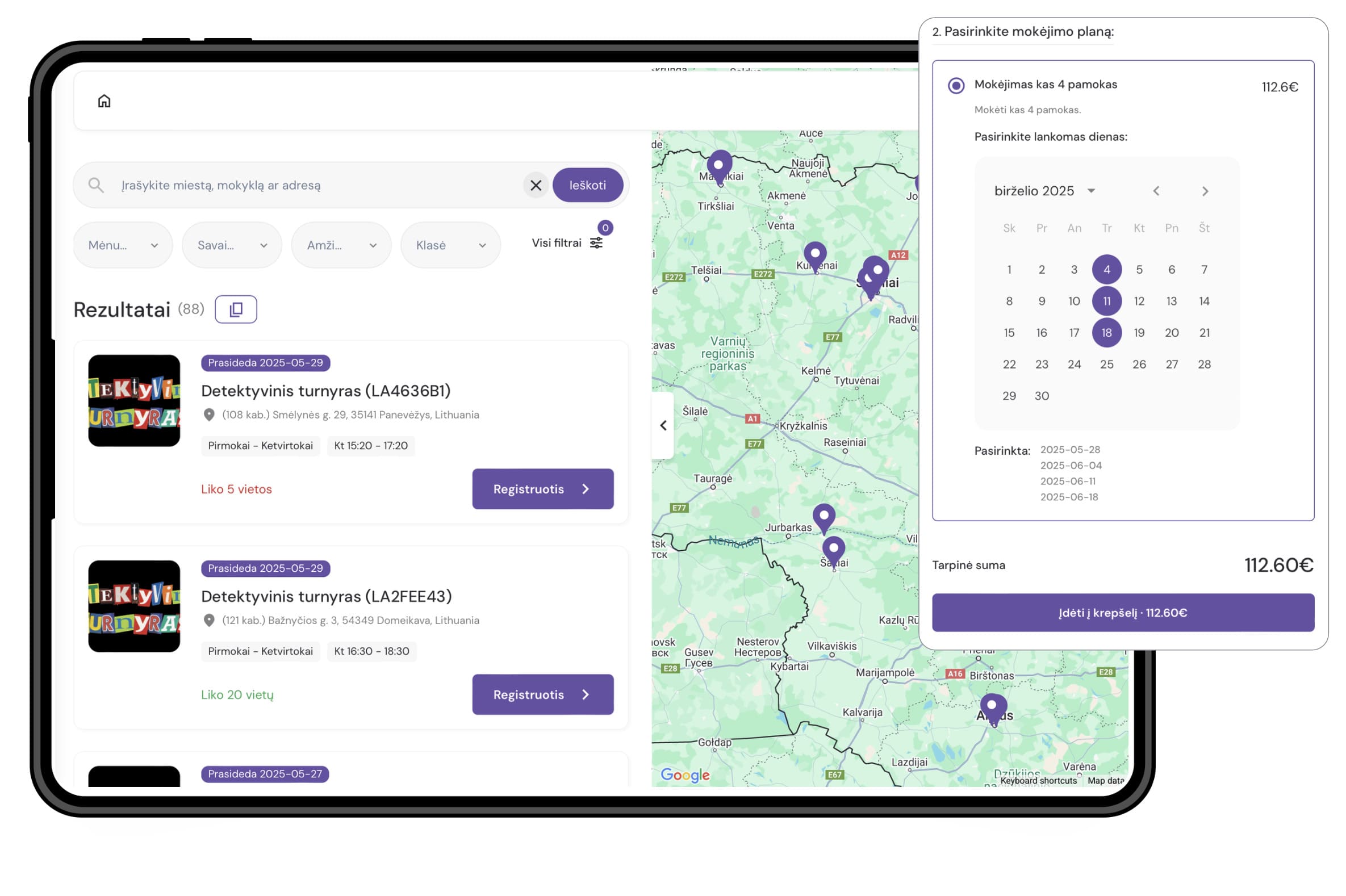 EXOCLASS būrelio sistema suteikia registracijos puslapį, kuriame klientai gali iškart apmokėti už pasirinktas pamokas, pasirašyti būrelio sutartį ir pateikti paraišką NVŠ krepšeliui gauti.