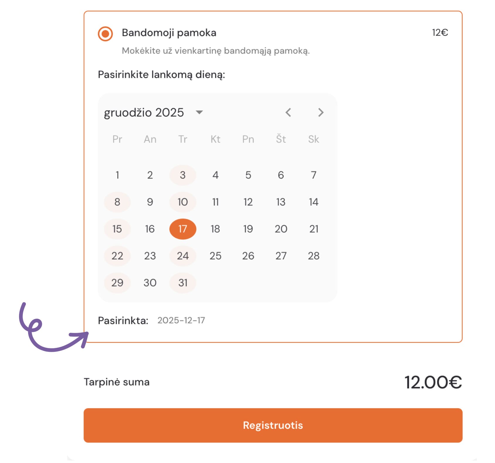 EXOCLASS bandomosios pamokos funkcionalumas, padedantis tėvams išbandyti būrelį prieš registraciją ir didinantis būrelių plėtrą.