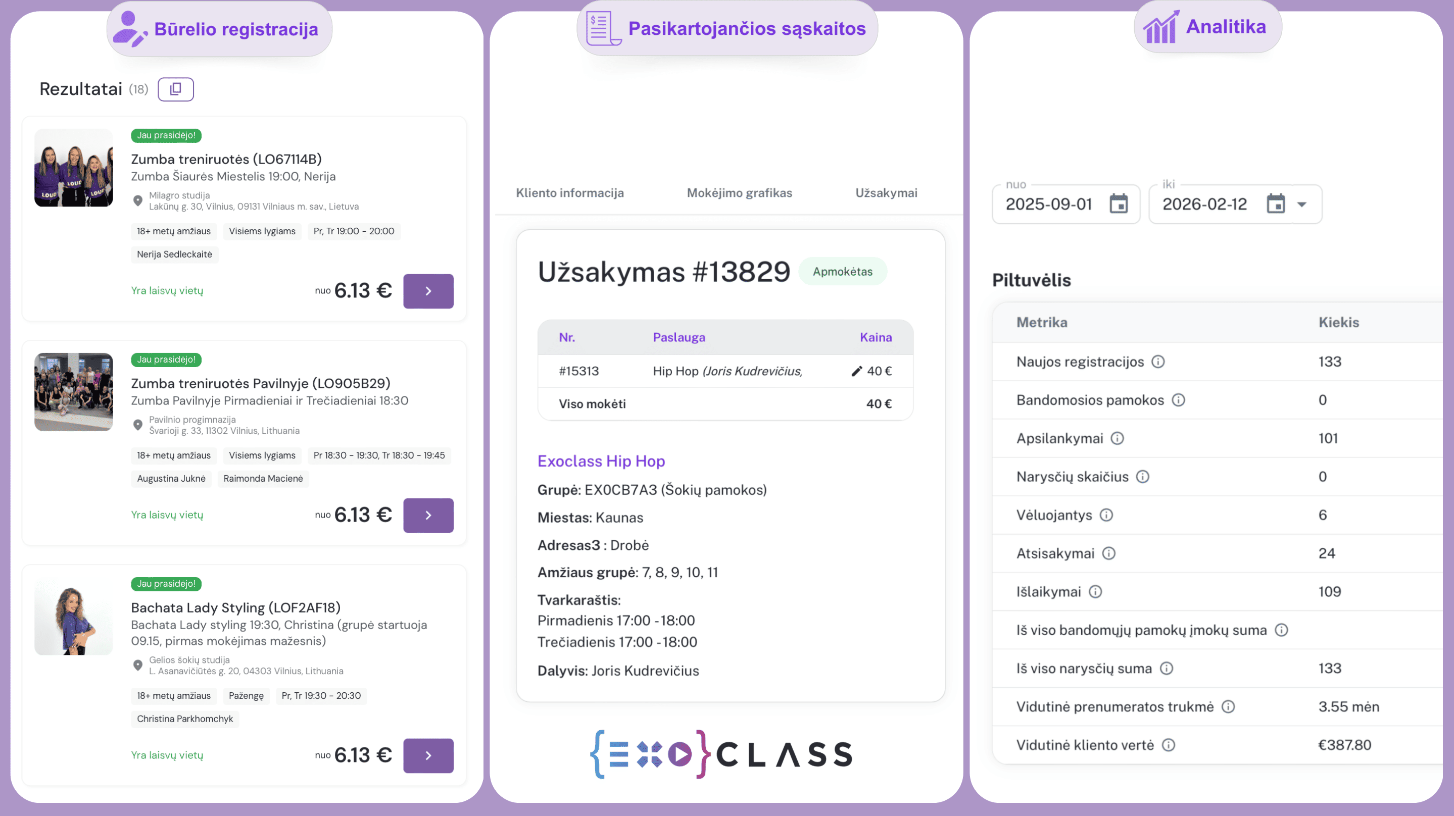 EXOCLASS teniso akademijos valdymo sistema apimanti teniso būrelio registraciją, mokinių valdymą, sąskaitas, analitiką ir teniso treniruočių grafiką