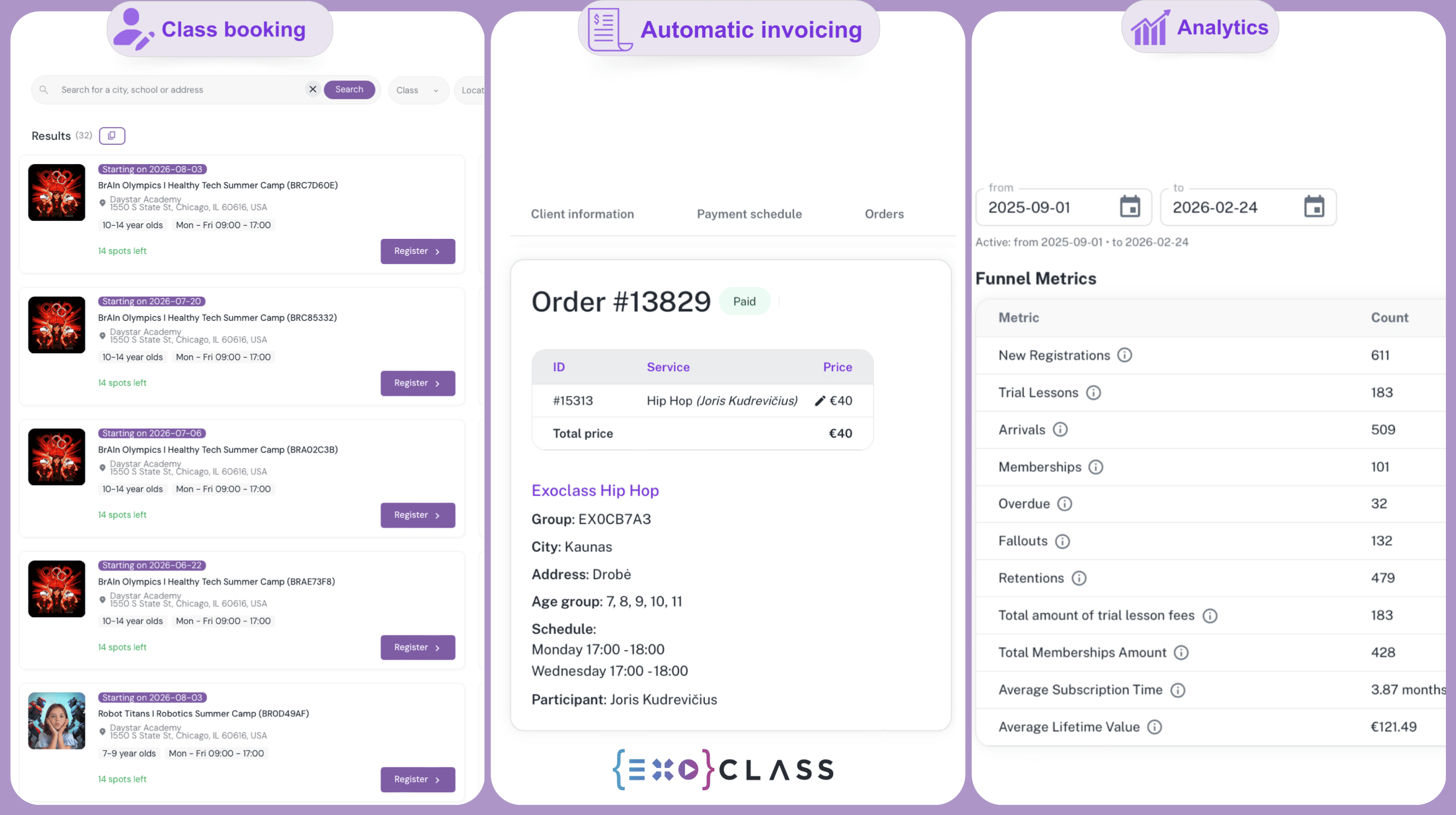 EXOCLASS tennis academy management system includes tennis after-school club registration, student management, invoicing, analytics, and tennis training scheduling in one platform