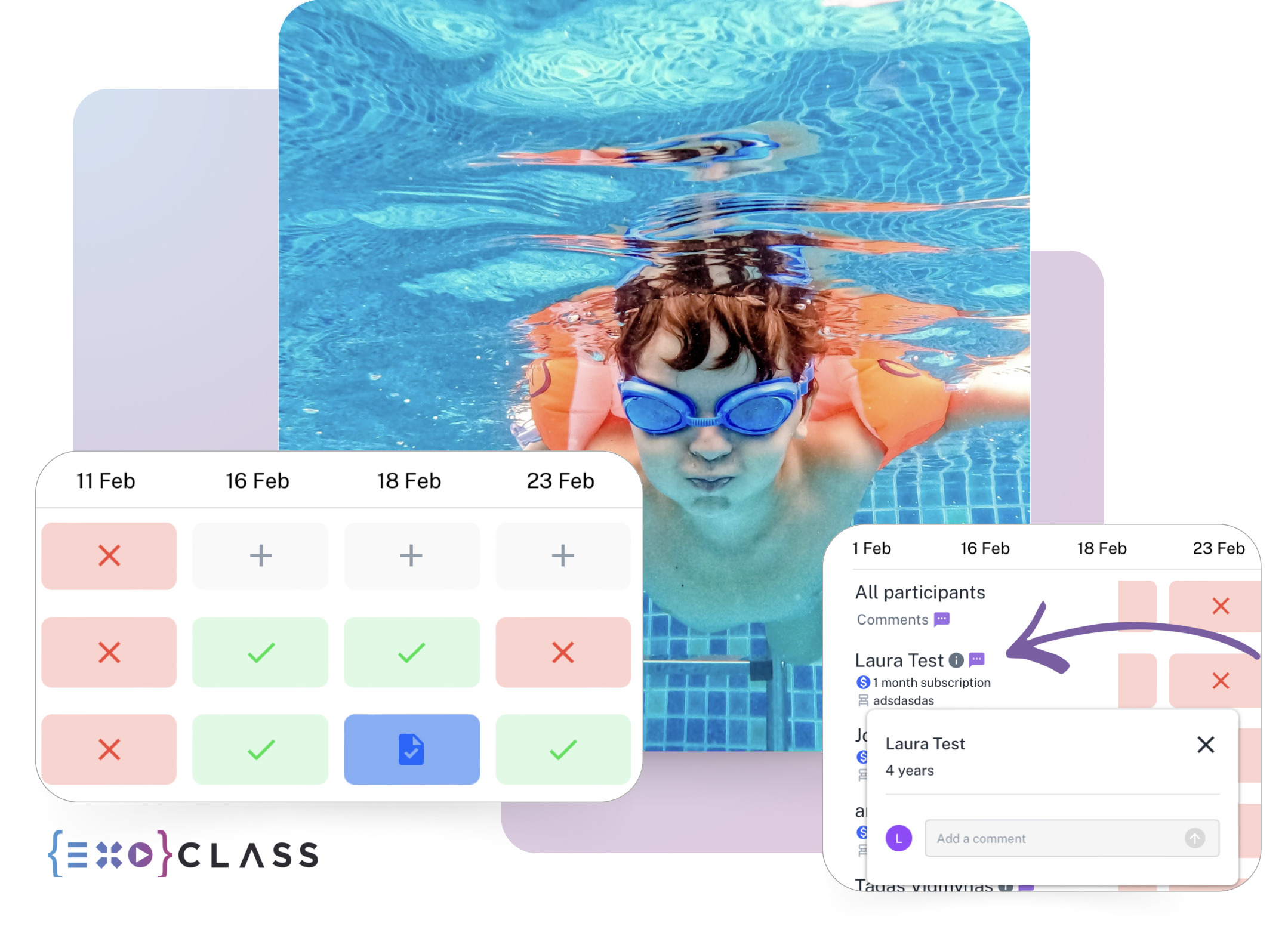 EXOCLASS swim after-school club management system that centralizes student data, group occupancy, and administrative processes in one place.