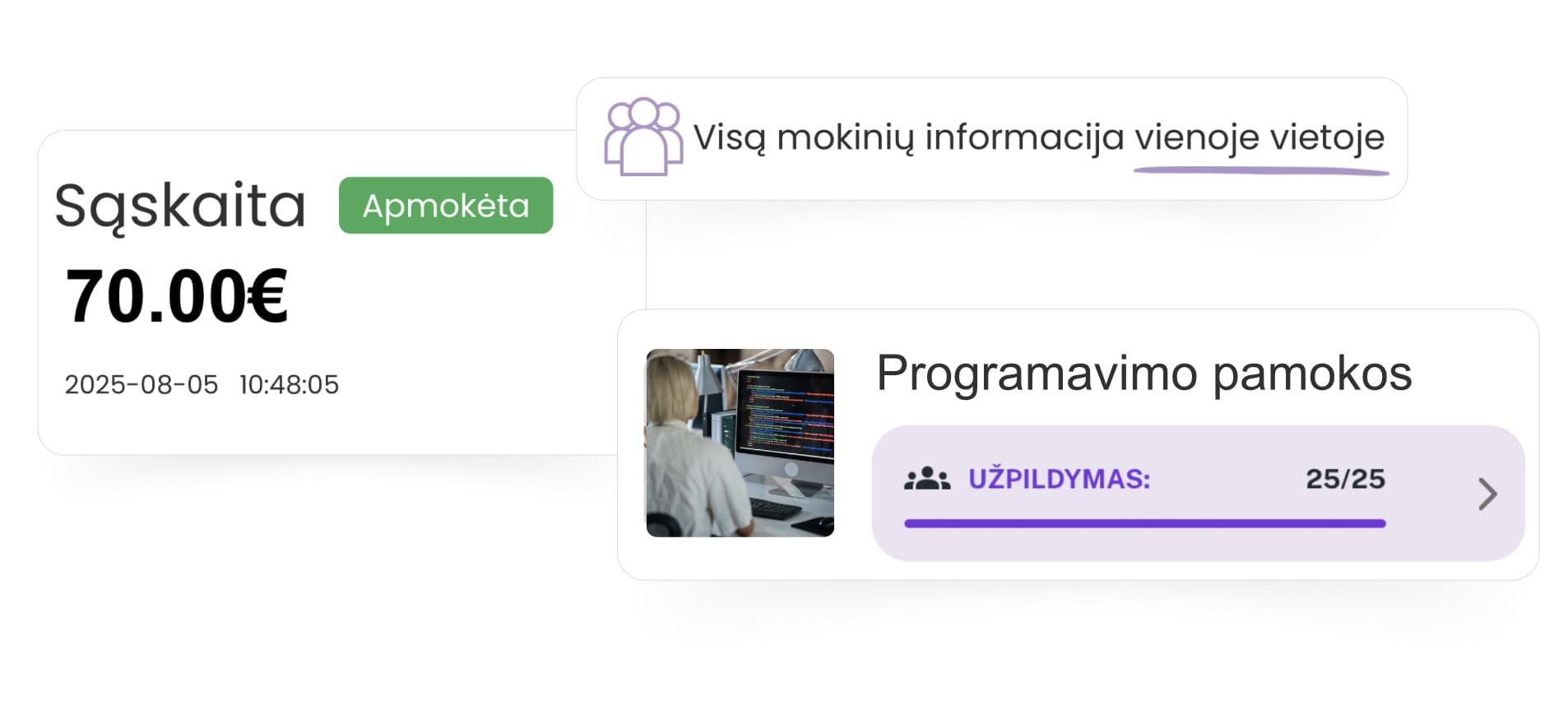 EXOCLASS programavimo būrelio administracinė sistema apima automatinį sąskaitų siuntimą, savarankišką ir paprastą klientų registracijos procesą bei duomenų saugojimą.